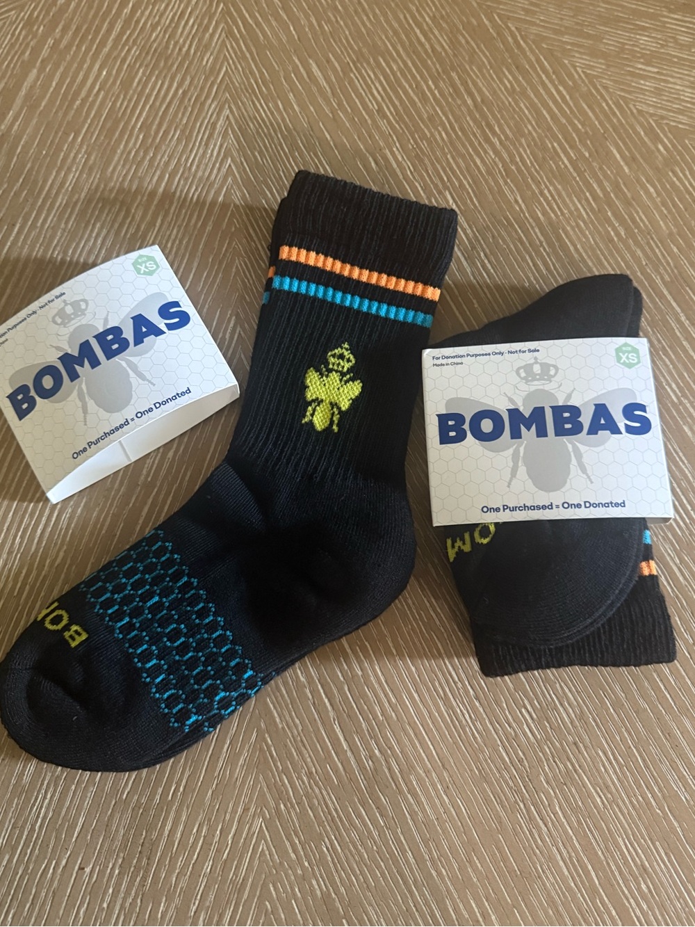 Bombas Youth XS Black Athletic Crew Socks with Blue & Orange Accents 2 Pack NWT